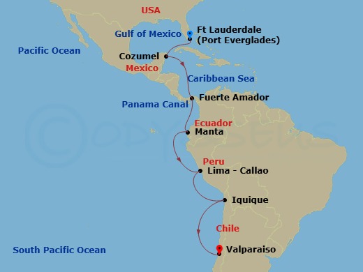 Viking Octantis - 17 Night - Panama & Scenic South America - Viking Octantis - Starting in Fort Lauderdale, Florida, Scenic Sailing Gulf of Mexico, Cozumel, Mexico, Sail the Ca.. itinerary map