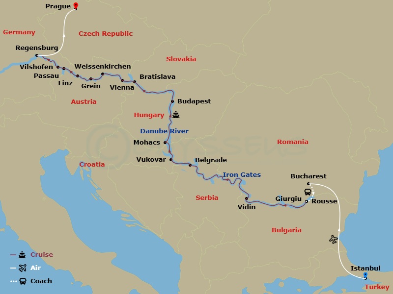 AmaVerde Cruise Tours - 20 Night - Grand Danube Cruise with Istanbul Pre-Cruise and Prague Post-Cruise - AmaVerde Cruise Tours - Starting in Istanbul, Bucharest, Giurgiu, Rousse, Vid.. itinerary map