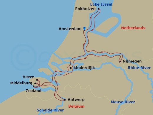 9 Night - Tulips & Windmills - Viking Ve - Starting in Amsterdam, Ijsselmeer Scenic Sailing, Enkhuizen, Nijmegen, Kinderdijk, Antwerp, Middelburg, Veere, Zeeland, Amsterdam itinerary map