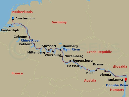 Viking Vili - 14 Night - Grand European Tour - Viking Vili - Starting in Amsterdam, Kinderdijk, Scenic Sailing Waal and Merwede, Cologne, Koblenz, Middle Rhine Scenic Saili.. itinerary map