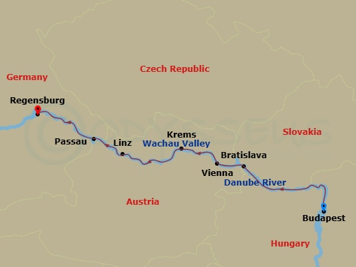 Viking Gullveig - 7 Night - Danube Waltz - Viking Gullveig - Starting in Budapest, Bratislava, Vienna, Krems, Scenic Sailing Wachau Valley, Linz, Passau, Regensburg itinerary map