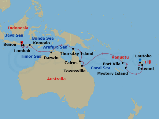 18 Night - Atolls, Outback & Dragons - Oceania Riviera - Starting in Lautoka, Dravuni, Mystery Island, Port Vila (Efate), Townsville, Cairns, Thursday Island, Darwin, Komodo, Lombok (Lembar), Bali (Benoa) itinerary map