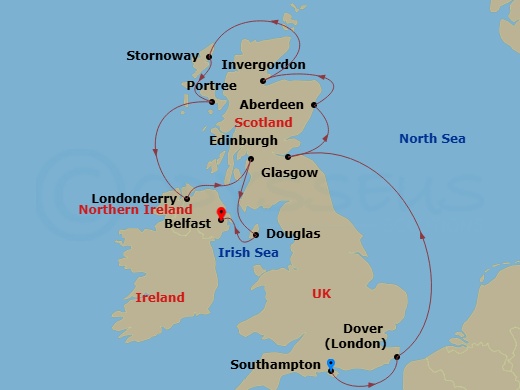Oceania Marina - 11 Night - Discovering Scotland - Oceania Marina - Starting in London (Southampton), London (Dover UK), Edinburgh (South Queensferry), Aberdeen, Invergordon,.. itinerary map