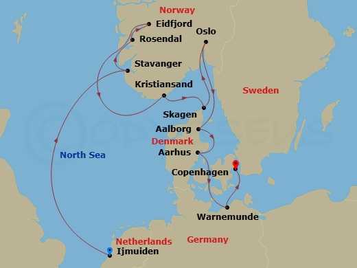 Silver Spirit - 12 Night - Ijmuiden to Copenhagen - Silver Spirit - Starting in Ijmuiden (Amsterdam), Stavanger, Rosendal, Eidfjord, Kristiansand, Skagen, Oslo, Aalborg, Aarh.. itinerary map