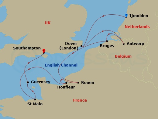 Silver Spirit - 11 Night - Ijmuiden to Southampton - Silver Spirit - Starting in Ijmuiden (Amsterdam), Dover UK (London), England, Antwerp, Zeebrugge, Rouen, Honfleur, Saint.. itinerary map