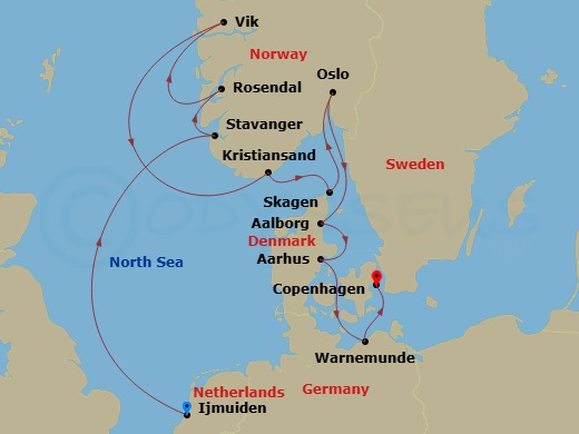 Silver Spirit - 12 Night - Ijmuiden to Copenhagen - Silver Spirit - Starting in Ijmuiden (Amsterdam), Stavanger, Rosendal, Vik, Kristiansand, Skagen, Oslo, Aalborg, Aarhus, W.. itinerary map
