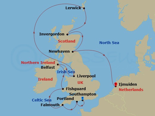 Silver Spirit - 11 Night - Southampton to Ijmuiden - Silver Spirit - Starting in Southampton, Portland UK, Falmouth, England, Fishguard, Wales, Belfast, Liverpool, Lerwick, S.. itinerary map