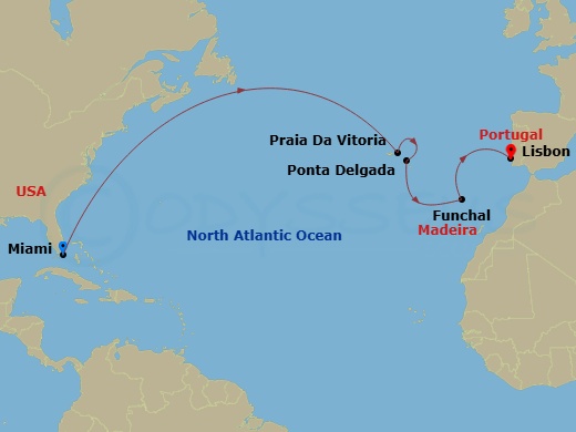 Silver Nova - 14 Night - Miami to Lisbon - Silver Nova - Starting in Miami, Fl, Praia da Vitoria, Azores, Ponta Delgada (Sao Miguel Island), Funchal, Madeira, Lisbon itinerary map