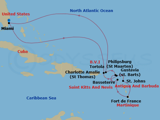 12 Night - Collector's Caribbean - Oceania Marina - Starting in Miami, Charlotte Amalie, Gustavia, St Johns, Fort-de-France, Basseterre, Philipsburg, Tortola, Miami itinerary map