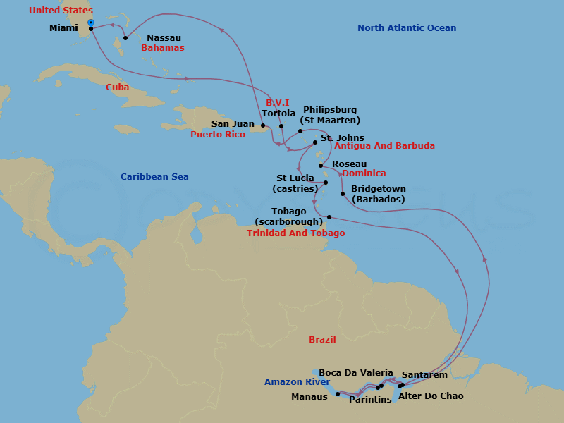 25 Night - Amazon & Caribbean Isles - Oceania Insignia - Starting in Miami, Tortola, St Johns, Castries, Scarborough, Cruising the Amazon River, Santarem (Amazon River), Boca Da Valeria (Amazon River), Manaus (Amazon River), Parintins (Amazon River), Alter Do Chao (Amazon River), Cruising the Amazon River, Bridgetown, Roseau, Philipsburg, San Juan, Nassau, Miami itinerary map