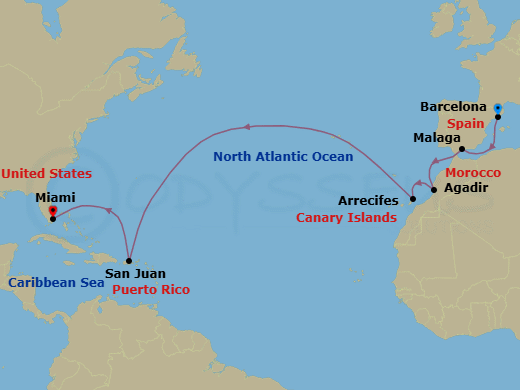 15 Night - Pathway to Sunshine - Oceania Allura - Starting in Barcelona, Malaga, Agadir, Arrecife (Lanzarote), San Juan, Miami itinerary map
