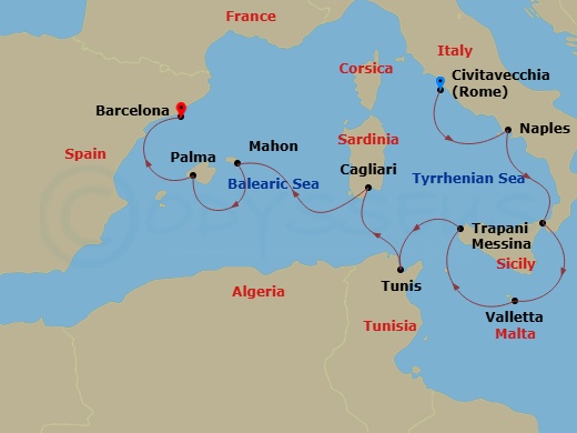 Oceania Marina - 10 Night - Mediterranean Isles - Oceania Marina - Starting in Rome (Civitavecchia), Naples / Pompeii, Messina (Sicily), Valletta, Trapani (Sicily), Tunis (La.. itinerary map