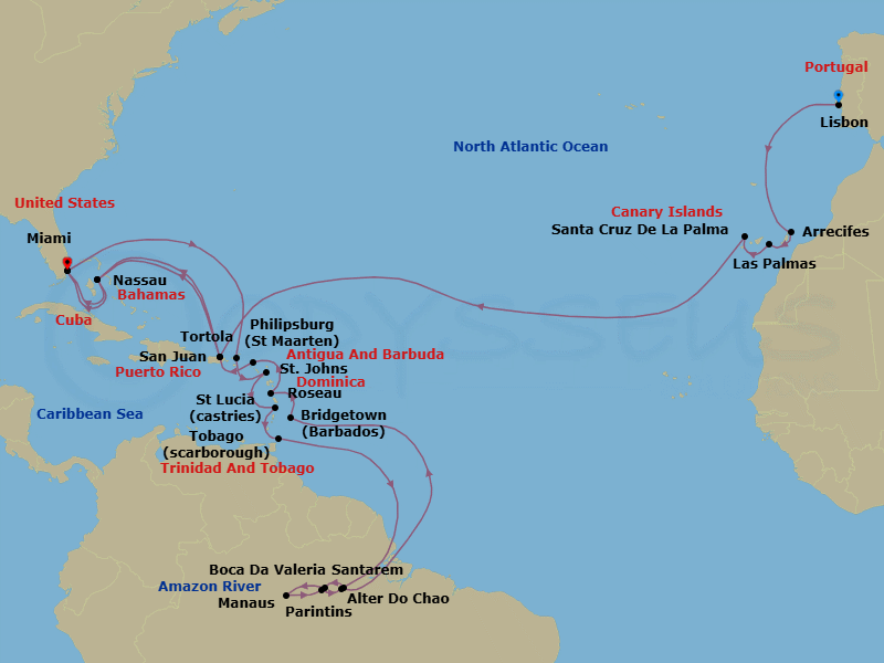 40 Night - Amazon & Tropical Isles - Oceania Insignia - Starting in Lisbon, Arrecife (Lanzarote), Las Palmas De Gran Canaria, Santa Cruz de La Palma, San Juan, Nassau, Miami, Tortola, St Johns AG, Castries, Scarborough, Cruising the Amazon River, Santarem (Amazon River), Boca Da Valeria (Amazon River), Manaus (Amazon River), Parintins (Amazon River), Alter Do Chao (Amazon River), Cruising the Amazon River, Bridgetown, Roseau, Philipsburg, San Juan, Nassau, Miami itinerary map
