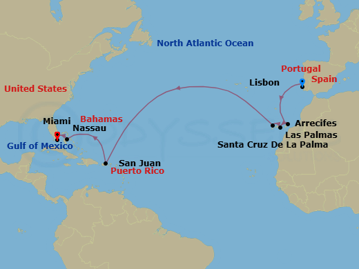 15 Night - Canaries to the Caribbean - Oceania Insignia - Starting in Lisbon, Arrecife (Lanzarote), Las Palmas De Gran Canaria, Santa Cruz de La Palma, San Juan, Nassau, Miami itinerary map