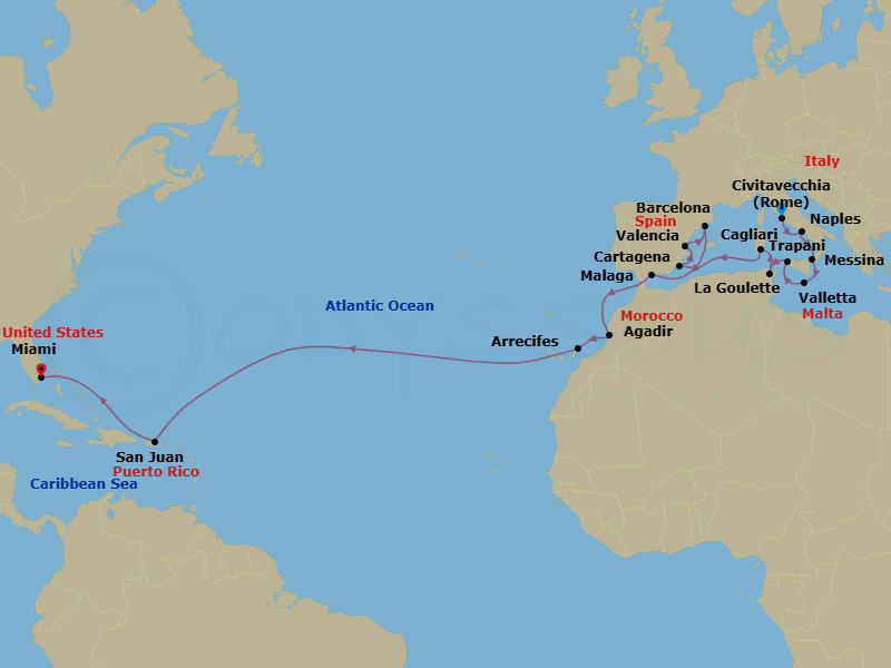 25 Night - Allura Autumn Crossing - Oceania Allura - Starting in Rome (Civitavecchia), Naples / Pompeii, Messina (Sicily), Valletta, Trapani (Sicily), Tunis (La Goulette), Cagliari (Sardinia), Cartagena ES, Valencia, Barcelona, Malaga, Agadir, Arrecife (Lanzarote), San Juan, Miami itinerary map