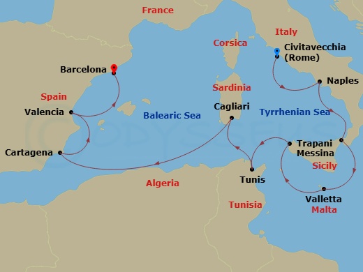 Oceania Allura - 10 Night - Artists & Aristocrats - Oceania Allura - Starting in Rome (Civitavecchia), Naples / Pompeii, Messina (Sicily), Valletta, Trapani (Sicily), Tunis (L.. itinerary map