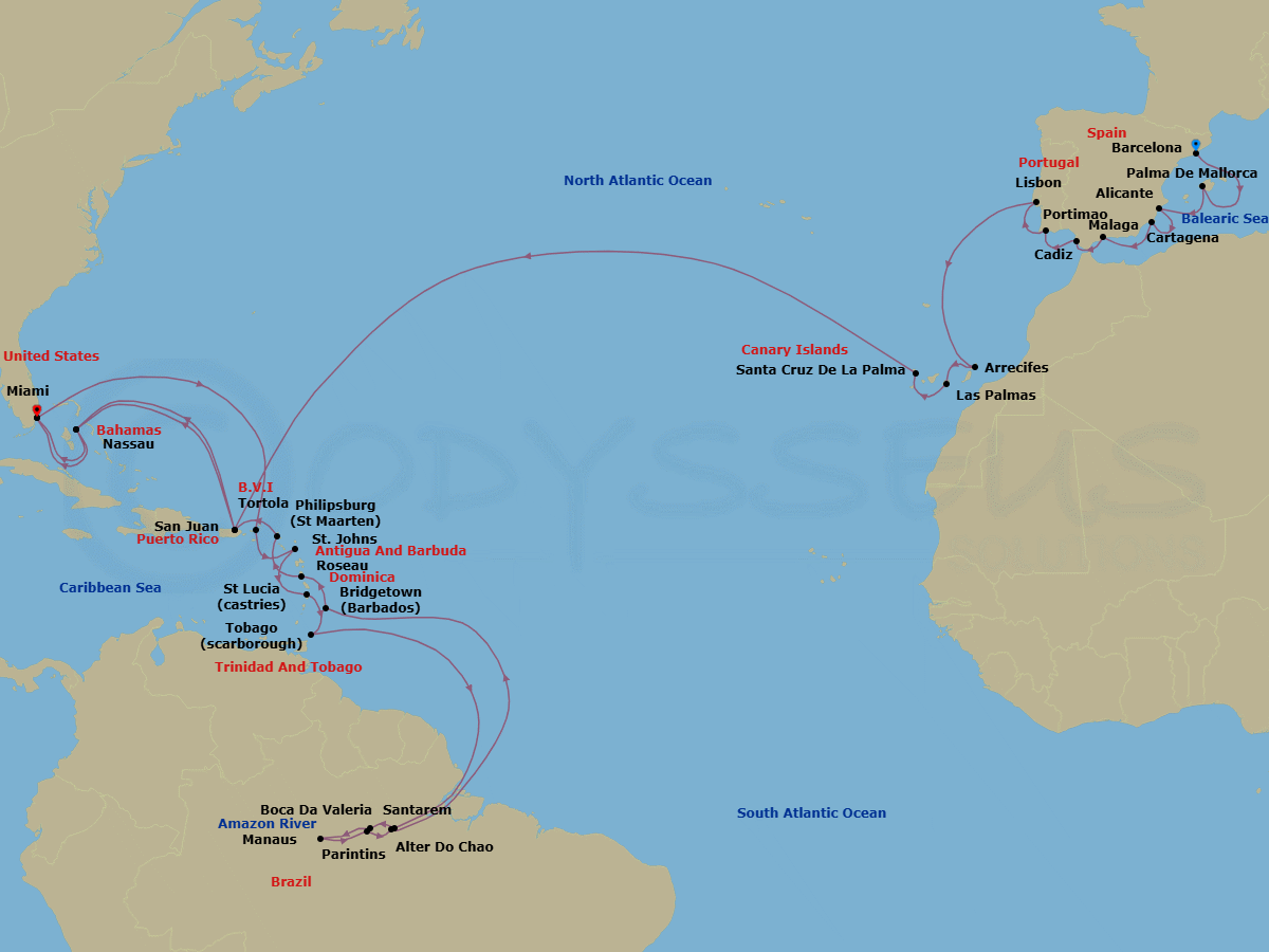 47 Night - Footsteps of Columbus - Oceania Insignia - Starting in Barcelona, Palma De Mallorca, Alicante, Cartagena ES, Malaga, Seville (Cadiz), Portimao, Lisbon, Arrecife (Lanzarote), Las Palmas De Gran Canaria, Santa Cruz de La Palma, San Juan, Nassau, Miami, Tortola, St Johns AG, Castries, Scarborough, Cruising the Amazon River, Santarem (Amazon River), Boca Da Valeria (Amazon River), Manaus (Amazon River), Parintins (Amazon River), Alter Do Chao (Amazon River), Cruising the Amazon River, Bridgetown, Roseau, Philipsburg, San Juan, Nassau, Miami itinerary map