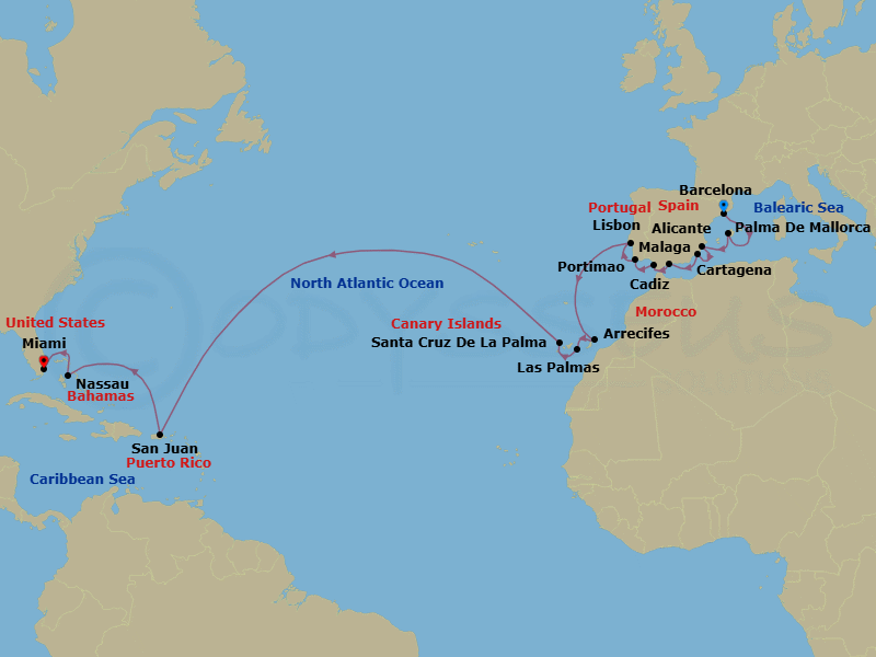 22 Night - Flamenco to Flamingos - Oceania Insignia - Starting in Barcelona, Palma De Mallorca, Alicante, Cartagena ES, Malaga, Seville (Cadiz), Portimao, Lisbon, Arrecife (Lanzarote), Las Palmas De Gran Canaria, Santa Cruz de La Palma, San Juan, Nassau, Miami itinerary map