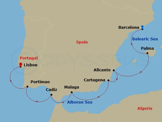 Oceania Insignia - 7 Night - Iberian Explorer - Oceania Insignia - Starting in Barcelona, Palma De Mallorca, Alicante, Cartagena ES, Malaga, Seville (Cadiz), Portimao, Lisbon itinerary map