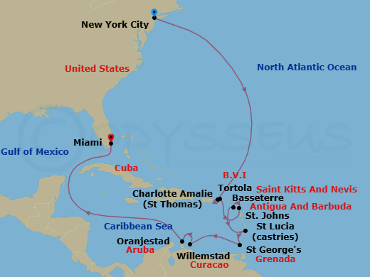 14 Night - Caribbean Enchantment - Oceania Vista - Starting in New York, Charlotte Amalie, Tortola, St Johns, Basseterre, Castries, St Georges, Willemstad AN, Oranjestad, Miami itinerary map