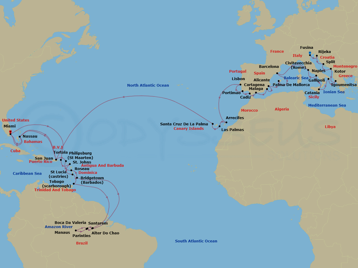 57 Night - Old & New World Discovery - Oceania Insignia - Starting in Venice (Fusina), Rijeka, Split, Kotor, Igoumenitsa, Gallipoli, Catania (Sicily), Naples / Pompeii, Rome (Civitavecchia), Barcelona, Palma De Mallorca, Alicante, Cartagena ES, Malaga, Seville (Cadiz), Portimao, Lisbon, Arrecife (Lanzarote), Las Palmas De Gran Canaria, Santa Cruz de La Palma, San Juan, Nassau, Miami, Tortola, St Johns AG, Castries, Scarborough, Cruising the Amazon River, Santarem (Amazon River), Boca Da Valeria (Amazon River), Manaus (Amazon River), Parintins (Amazon River), Alter Do Chao (Amazon River), Cruising the Amazon River, Bridgetown, Roseau, Philipsburg, San Juan, Nassau, Miami itinerary map