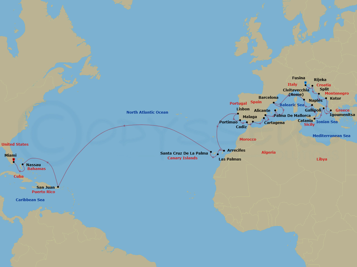 32 Night - Adriatic to Caribbean Isles - Oceania Insignia - Starting in Venice (Fusina), Rijeka, Split, Kotor, Igoumenitsa, Gallipoli, Catania (Sicily), Naples / Pompeii, Rome (Civitavecchia), Barcelona, Palma De Mallorca, Alicante, Cartagena ES, Malaga, Seville (Cadiz), Portimao, Lisbon, Arrecife (Lanzarote), Las Palmas De Gran Canaria, Santa Cruz de La Palma, San Juan, Nassau, Miami itinerary map