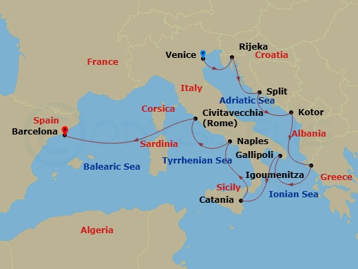 Oceania Insignia - 10 Night - Southern European Gems - Oceania Insignia - Starting in Venice (Fusina), Rijeka, Split, Kotor, Igoumenitsa, Gallipoli, Catania (Sicily), Naples / P.. itinerary map