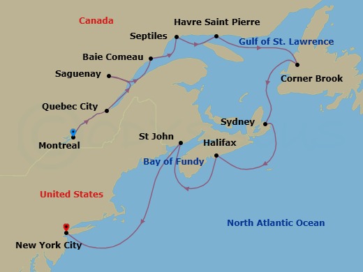 11 Night - Canada Explorer - Oceania Vista - Starting in Montreal, Quebec City, Saguenay, Baie-Comeau, Sept-Iles, Havre, Saint Pierre, Corner Brook, Sydney CA, Halifax, Saint John NB (Bay of Fundy), New York itinerary map