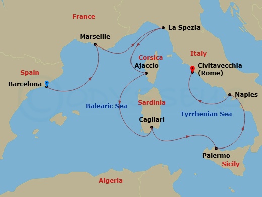 Oceania Insignia - 7 Night - Mediterranean Holiday - Oceania Insignia - Starting in Barcelona, Provence (Marseille), Cinque Terre (La Spezia), Ajaccio (Corsica), Cagliari (Sardi.. itinerary map