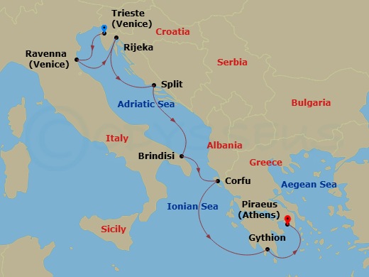 Oceania Allura - 7 Night - Mediterranean Melange - Oceania Allura - Starting in Trieste, Ravenna, Rijeka, Split, Brindisi, Corfu, Gythion, Athens (Piraeus) itinerary map