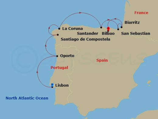 Oceania Marina - 7 Night - Iberian Ballad - Oceania Marina - Starting in Lisbon, Oporto, Santiago De Compostela (Vigo), La Coruna, Santander, San Sebastian, Biarritz (Saint-Je.. itinerary map