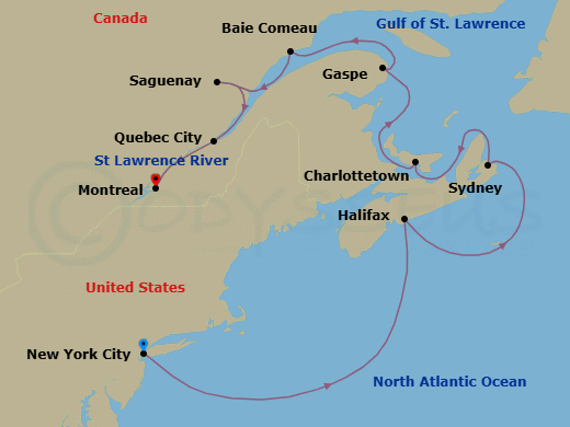 11 Night - Maritimes & Quebec - Oceania Vista - Starting in New York, Halifax, Sydney CA, Charlottetown, Gaspe, Baie-Comeau, Saguenay, Quebec City, Montreal itinerary map