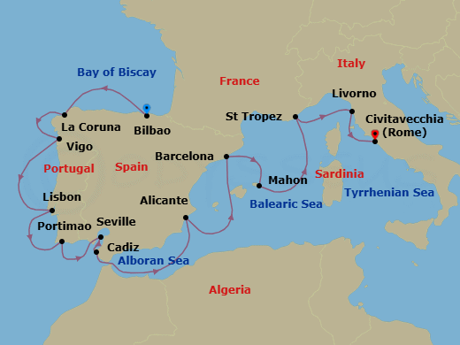 14 Night - Iberia Celebration - Oceania Nautica - Starting in Bilbao, La Coruna, Santiago De Compostela (Vigo), Lisbon, Portimao, Seville, Seville (Cadiz), Alicante, Barcelona, Mahon (Menorca), Saint-Tropez, Florence / Pisa / Tuscany (Livorno), Rome (Civitavecchia) itinerary map