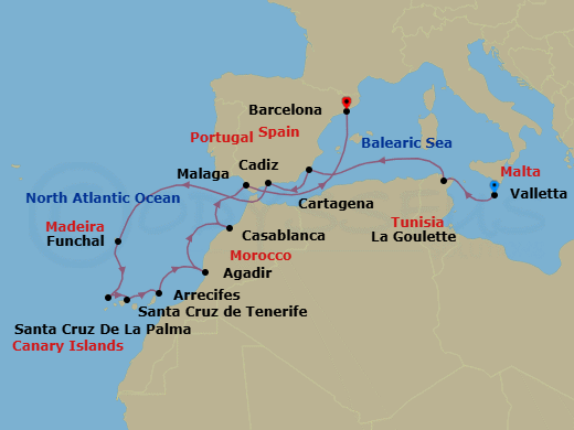 14 Night - Moroccan & Spanish Delights - Oceania Allura - Starting in Valletta, Tunis (La Goulette), Cartagena ES, Malaga, Funchal (Madeira), Santa Cruz de La Palma, Santa Cruz de Tenerife, Arrecife (Lanzarote), Agadir, Casablanca, Seville (Cadiz), Barcelona itinerary map