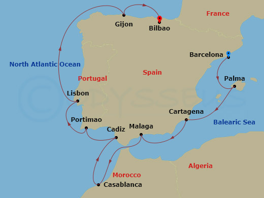 Oceania Nautica - 10 Night - Iberia Circumnavigation - Oceania Nautica - Starting in Barcelona, Palma De Mallorca, Cartagena ES, Malaga, Casablanca, Seville (Cadiz), Portimao,.. itinerary map