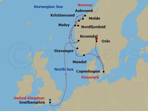 14 Night - Fjordlands of Norway - Oceania Insignia - Starting in London (Southampton), Rosendal, Nordfjordeid, Alesund, Molde, Kristiansund, Maloy, Stavanger, Mandal, Copenhagen, Oslo itinerary map