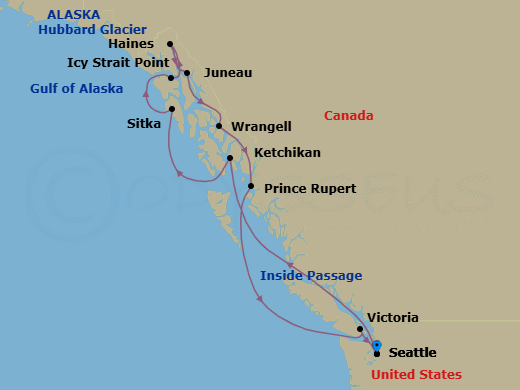 13 Night - Alaska Adventurer - Oceania Riviera - Starting in Seattle, Ketchikan, Sitka, Cruising Hubbard Glacier, Icy Strait Point (Hoonah), Haines, Cruising Holkham Bay Glacier Fjords, Juneau, Wrangell, Prince Rupert, Victoria CA, Seattle itinerary map