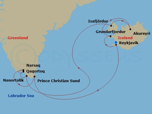 Oceania Marina - 10 Night - Viking & Nordic Legends - Oceania Marina - Starting in Reykjavik, Grundarfjordur, Akureyri, Isafjordur, Nanortalik, Qaqortoq, Narsaq, Cruising Prin.. itinerary map