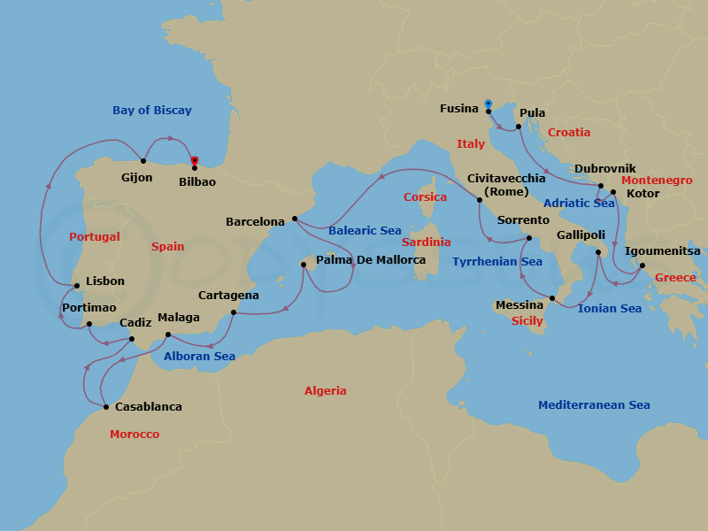 20 Night - Adriatic & Iberia Discovery - Oceania Nautica - Starting in Venice (Fusina), Pula / Rovinj, Dubrovnik, Croatia, Kotor, Igoumenitsa, Gallipoli, Messina (Sicily), Sorrento / Capri, Rome (Civitavecchia), Barcelona, Palma De Mallorca, Cartagena ES, Malaga, Casablanca, Seville (Cadiz), Portimao, Lisbon, Gijon, Spain, Bilbao itinerary map