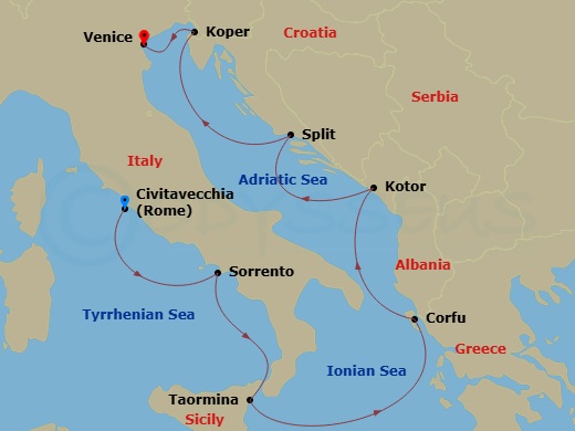 Oceania Nautica - 7 Night - Mediterranean Vistas - Oceania Nautica - Starting in Rome (Civitavecchia), Sorrento / Capri, Taormina (Sicily), Corfu, Kotor, Split, Koper, Venice (.. itinerary map