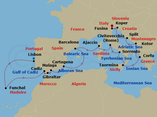 17 Night - European Artistry - Oceania Nautica - Starting in Lisbon, Funchal (Madeira), Seville (Cadiz), Gibraltar, Malaga, Cartagena ES, Barcelona, Ajaccio (Corsica), Rome (Civitavecchia), Sorrento / Capri, Taormina (Sicily), Corfu, Kotor, Split, Koper, Venice (Fusina) itinerary map