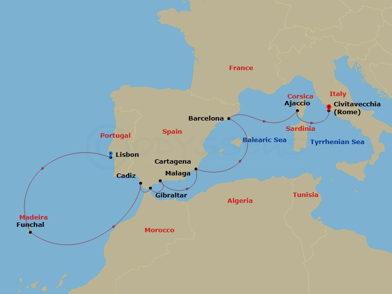 Oceania Nautica - 10 Night - Portrait of Iberia - Oceania Nautica - Starting in Lisbon, Funchal (Madeira), Seville (Cadiz), Gibraltar, Malaga, Cartagena ES, Barcelona, Ajaccio.. itinerary map