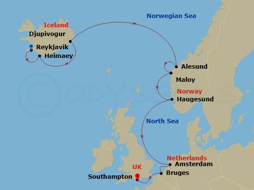 Oceania Vista - 10 Night - Icelandic & Nordic Stars - Oceania Vista - Starting in Reykjavik, Heimaey, Djupivogur, Alesund, Maloy, Haugesund, Amsterdam, Bruges (Zeebrugge), Lo.. itinerary map