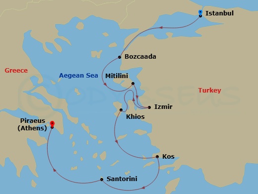 Oceania Allura - 7 Night - Legendary Turkey & Greece - Oceania Allura - Starting in Istanbul, Bozcaada (Troy), Mitilini (Lesbos), Izmir, Chios, Kos, Santorini, Athens (Piraeus) itinerary map