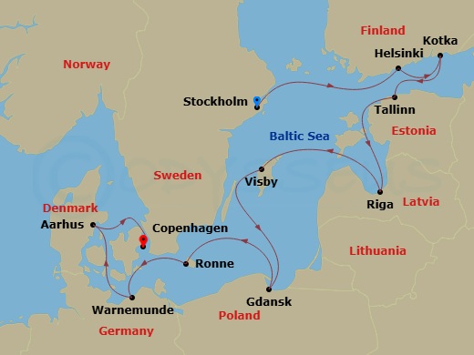 Oceania Marina - 10 Night - Regal Baltic Shores - Oceania Marina - Starting in Stockholm, Helsinki, Kotka, Tallinn, Riga, Visby, Sweden, Gdansk (Gdynia), Ronne (Bornholm), Ber.. itinerary map