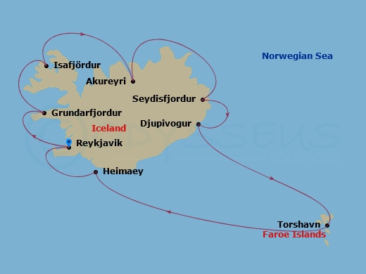 Oceania Insignia - 10 Night - Icelandic Revelation - Oceania Insignia - Starting in Reykjavik, Grundarfjordur, Isafjordur, Akureyri, Seydisfjordur, Djupivogur, Torshavn, Faroe I.. itinerary map