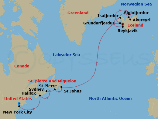 14 Night - Maritimes & Iceland - Oceania Vista - Starting in New York, Halifax, Sydney CA, Saint-Pierre, St Johns, Grundarfjordur, Akureyri, Siglufjordur, Isafjordur, Reykjavik itinerary map
