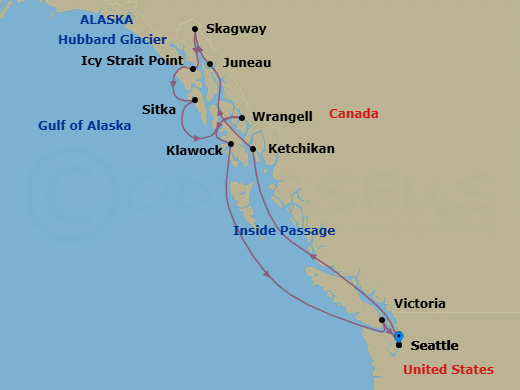 12 Night - Alaska Horizons - Oceania Riviera - Starting in Seattle, Ketchikan, Juneau, Skagway, Icy Strait Point (Hoonah), Cruising Hubbard Glacier, Sitka, Wrangell, Klawock, Victoria CA, Seattle itinerary map