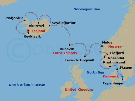 12 Night - Fjords, Faroes & Iceland - Oceania Insignia - Starting in Copenhagen, Skagen, Kristiansand, Rosendal, Eidfjord, Maloy, Lerwick (Shetland Islands), Runavik, Faroe Islands, Seydisfjordur, Akureyri, Isafjordur, Reykjavik itinerary map