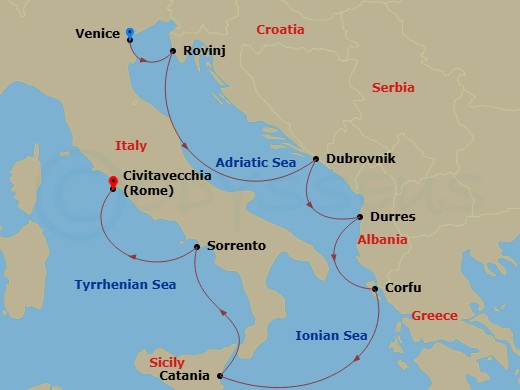 Oceania Nautica - 7 Night - The Adriatic & Italy - Oceania Nautica - Starting in Venice (Fusina), Pula / Rovinj, Dubrovnik, Croatia, Tirana (Durres), Corfu, Catania (Sicily), S.. itinerary map